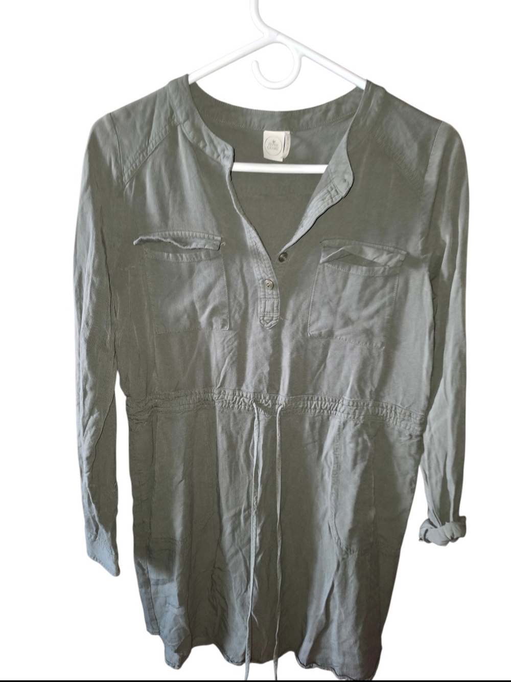 4/8/131. Paper Crane Womens Lightweight Olive Green Drawstring Shirt Dress